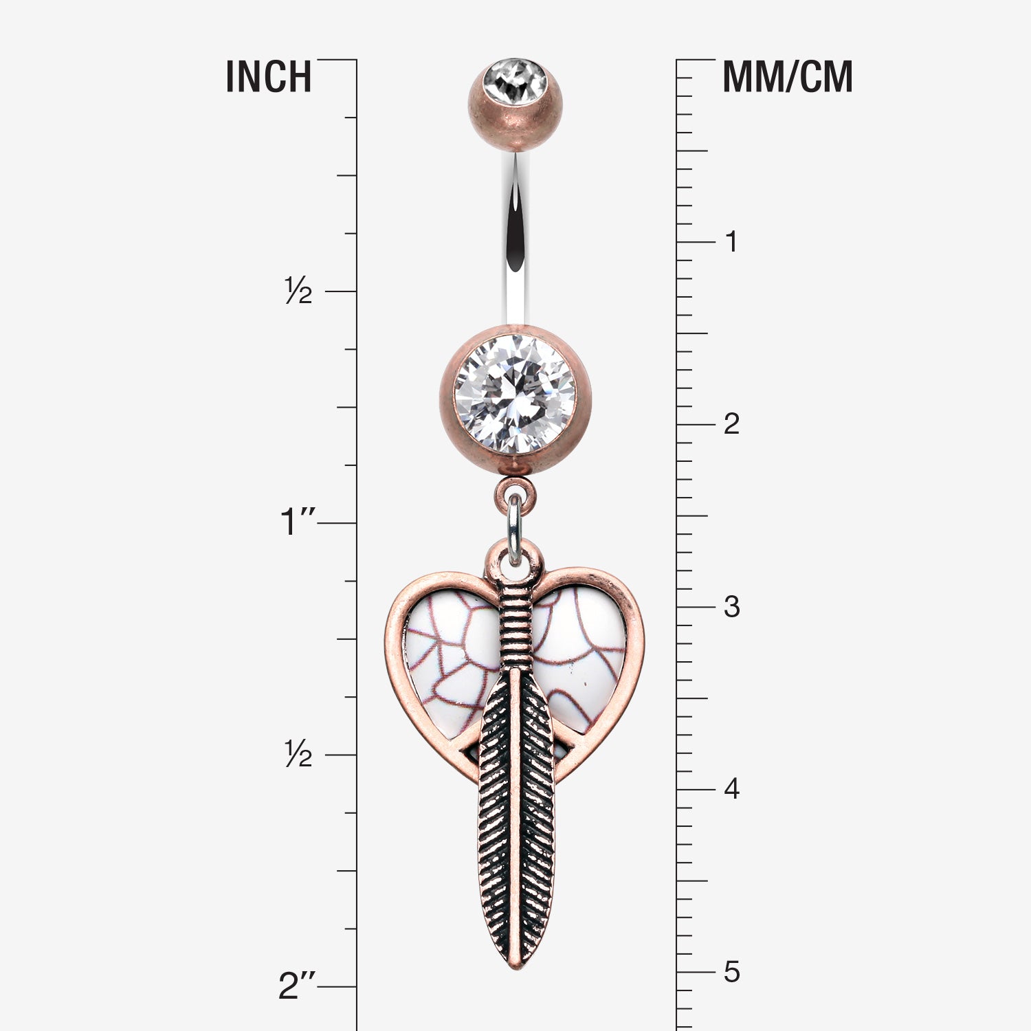 Detail View 1 of Vintage Boho Peace Heart with Feather Belly Button Ring-Copper/Clear/White