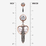 Detail View 1 of Vintage Boho Peace Heart with Feather Belly Button Ring-Copper/Clear/White