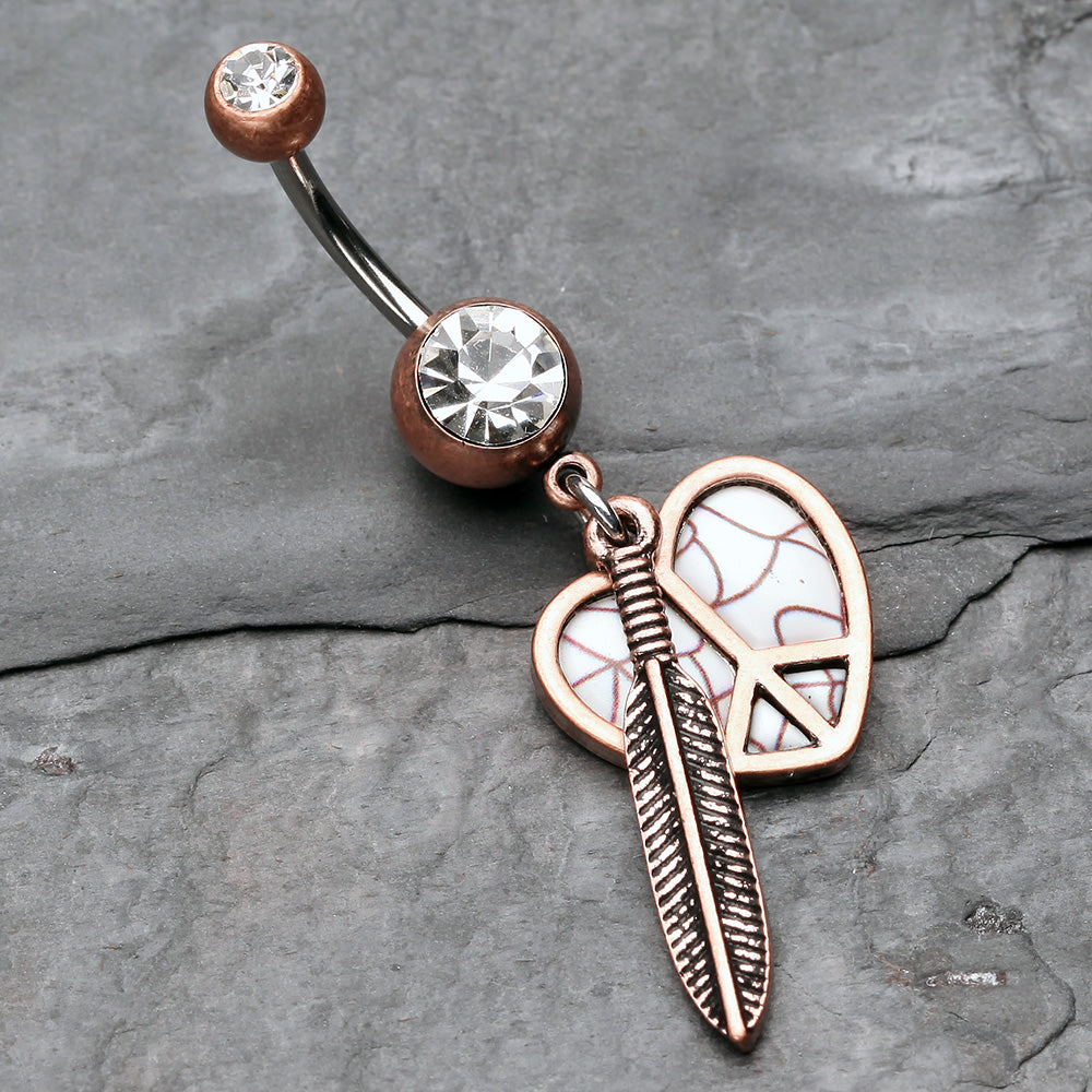Detail View 2 of Vintage Boho Peace Heart with Feather Belly Button Ring-Copper/Clear/White