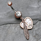 Detail View 2 of Vintage Boho Peace Heart with Feather Belly Button Ring-Copper/Clear/White