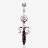 Vintage Boho Peace Heart with Feather Belly Button Ring-Copper/Clear/White