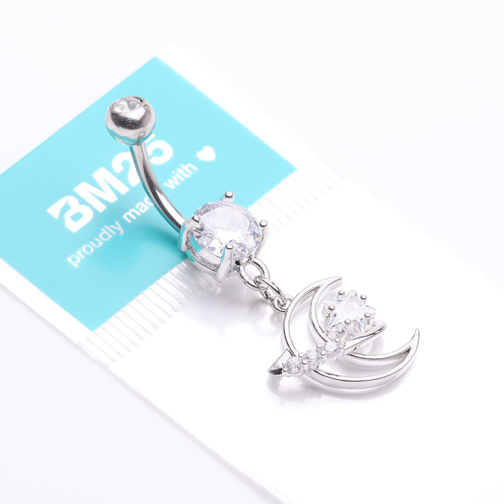 Detail View 4 of Hollow Crescent Moon Sparkle Star Orbit Dangle Belly Button Ring-Clear Gem