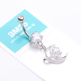 Detail View 4 of Hollow Crescent Moon Sparkle Star Orbit Dangle Belly Button Ring-Clear Gem