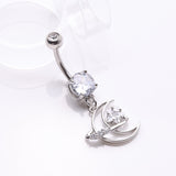 Detail View 2 of Hollow Crescent Moon Sparkle Star Orbit Dangle Belly Button Ring-Clear Gem