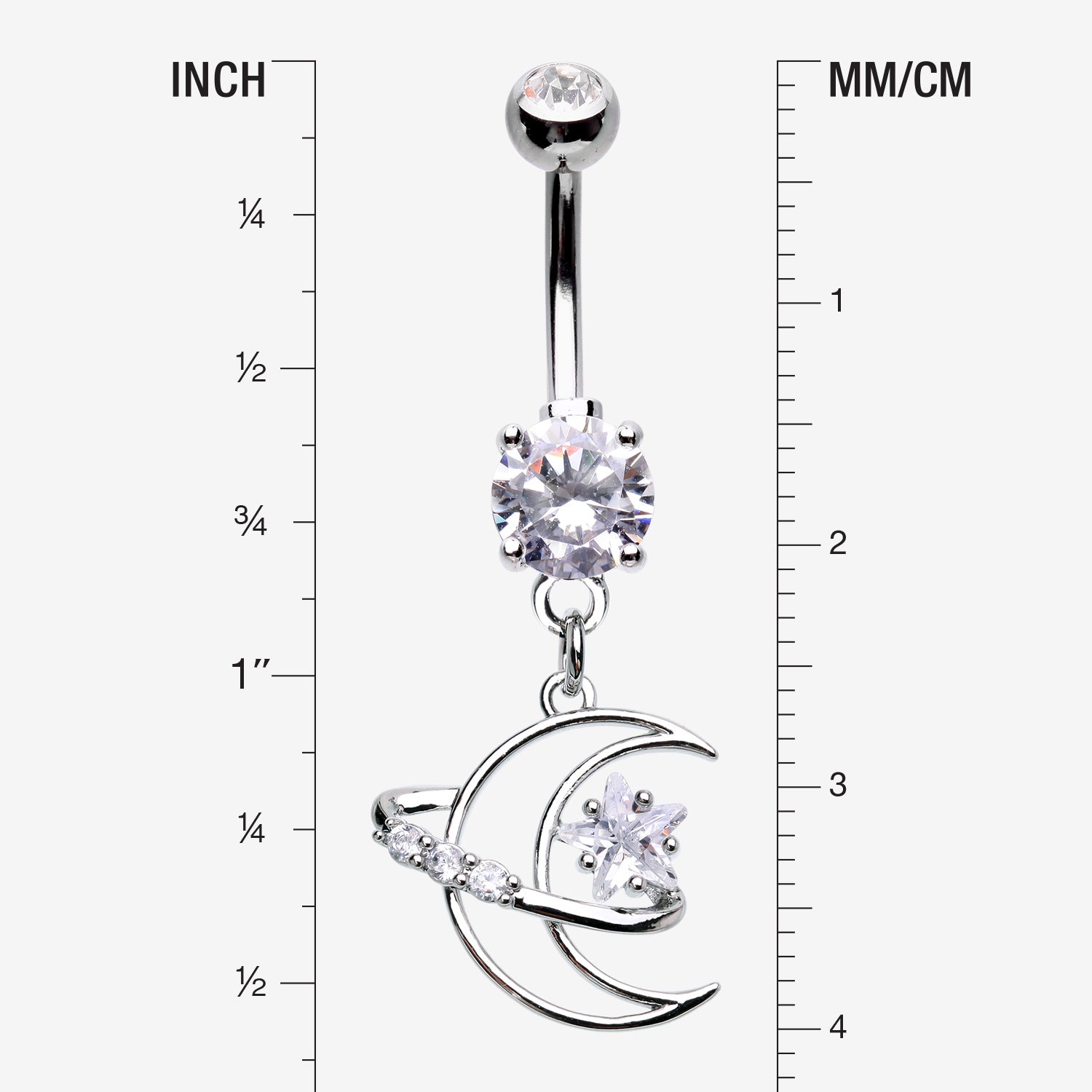 Detail View 1 of Hollow Crescent Moon Sparkle Star Orbit Dangle Belly Button Ring-Clear Gem