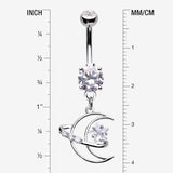 Detail View 1 of Hollow Crescent Moon Sparkle Star Orbit Dangle Belly Button Ring-Clear Gem
