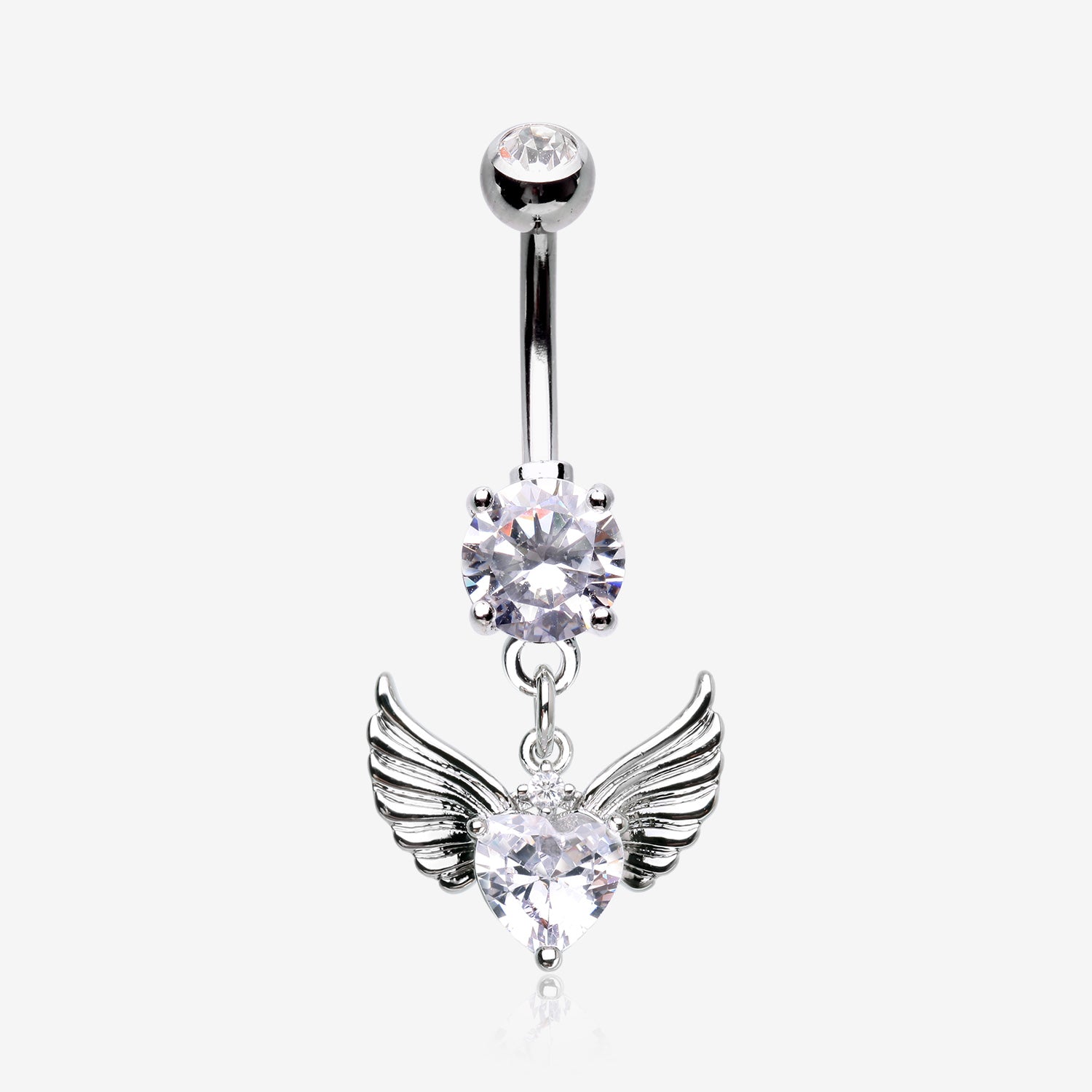 Angelic Wing Heart Sparkle Dangle Belly Button Ring-Clear Gem