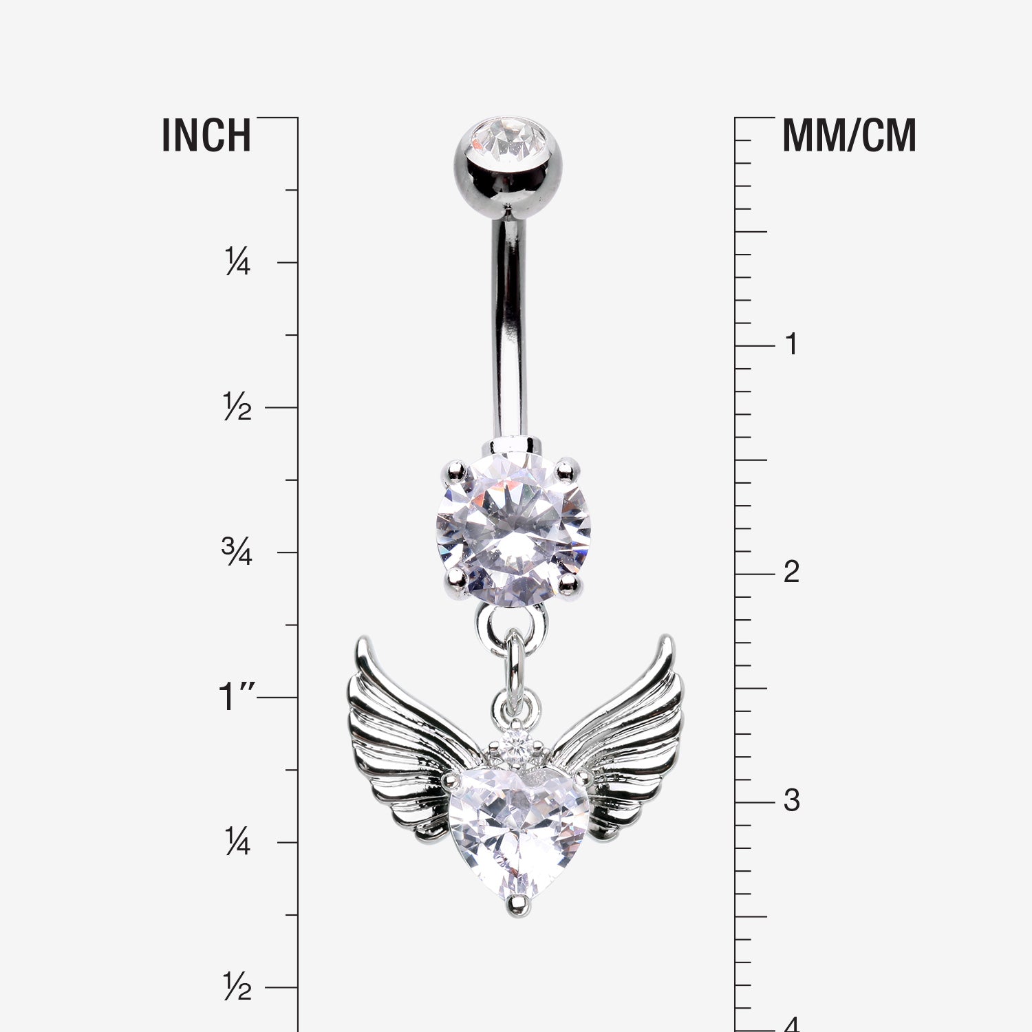 Detail View 1 of Angelic Wing Heart Sparkle Dangle Belly Button Ring-Clear Gem