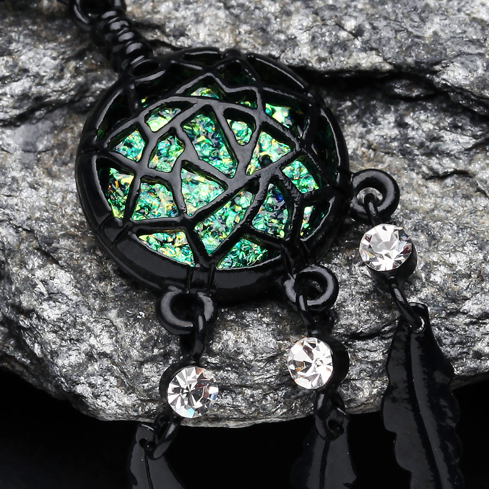 Detail View 3 of Blackline Opal Dreamcatcher Feather Belly Button Ring-Clear Gem/Black