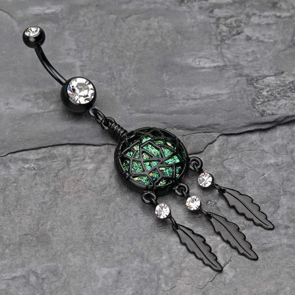Detail View 2 of Blackline Opal Dreamcatcher Feather Belly Button Ring-Clear Gem/Black