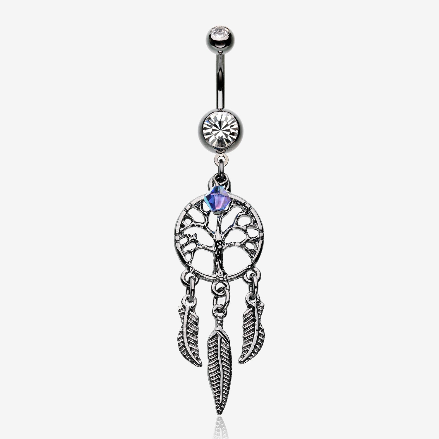 The Tree of Life Dreamcatcher Feather Hematite Belly Button Ring-Hematite/Clear