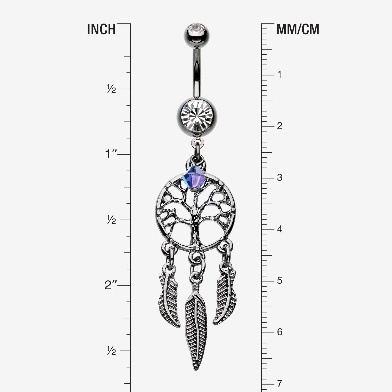 Detail View 1 of The Tree of Life Dreamcatcher Feather Hematite Belly Button Ring-Hematite/Clear