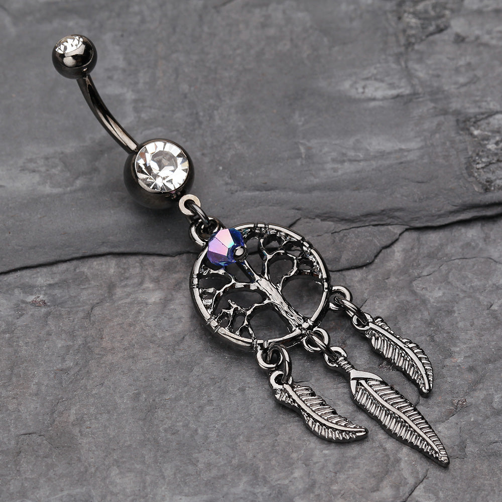 Detail View 2 of The Tree of Life Dreamcatcher Feather Hematite Belly Button Ring-Hematite/Clear