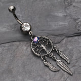 Detail View 2 of The Tree of Life Dreamcatcher Feather Hematite Belly Button Ring-Hematite/Clear