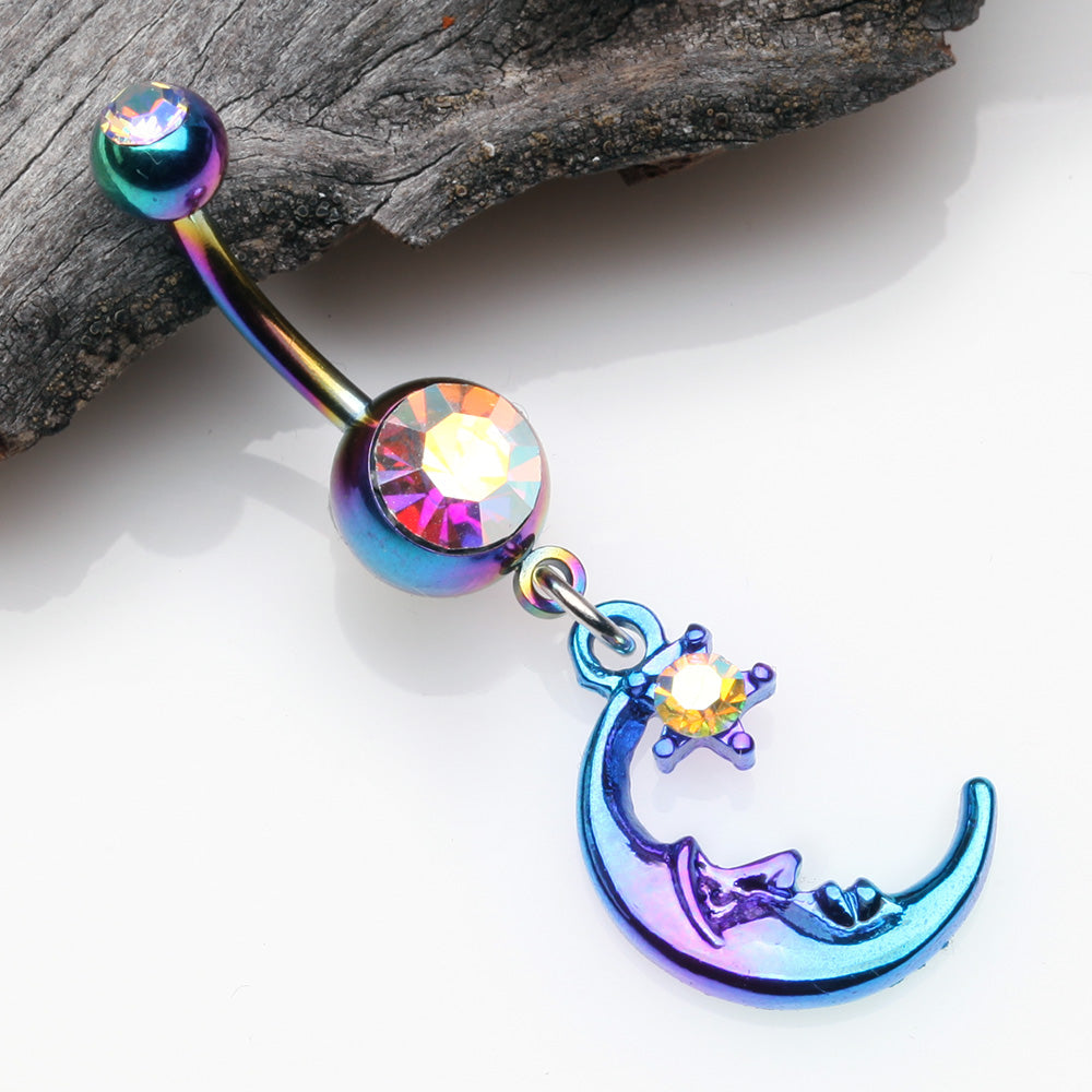Detail View 2 of Colorline Blurple Sleeping Crescent Moon Star Sparkle Belly Button Ring-Rainbow/Aurora Borealis