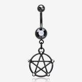 Blackline Pentacle Sparkle Goth Belly Button Ring-Black/Hematite
