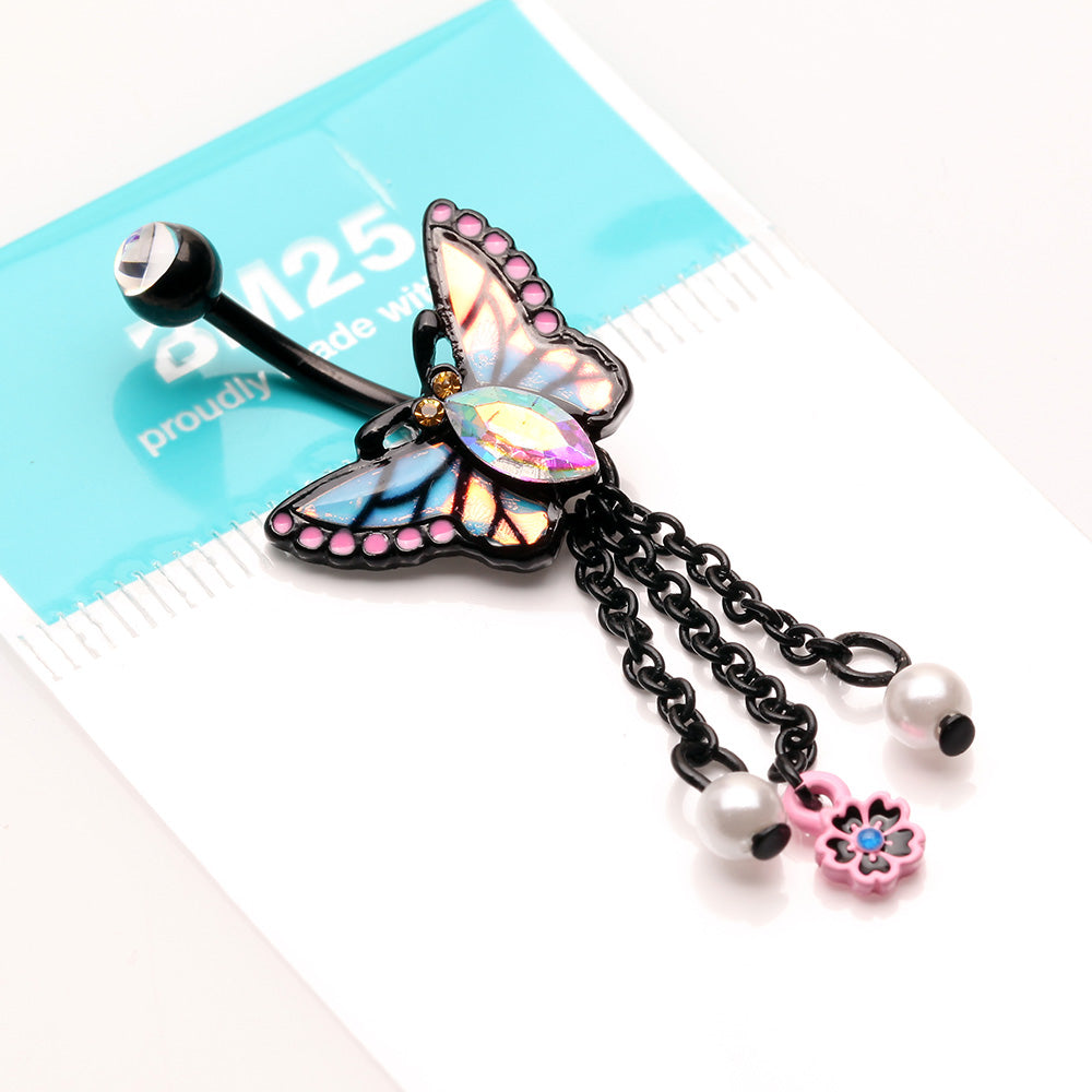 Detail View 3 of Blackline Monarch Butterfly Sparkle Dangle Flower Belly Button Ring-Black