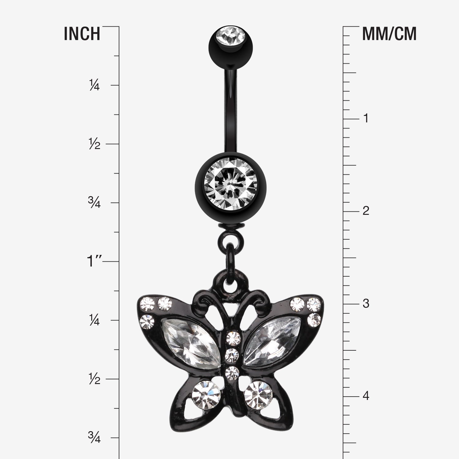Detail View 1 of Blackline Butterfly Sparkle Belly Ring-Clear Gem