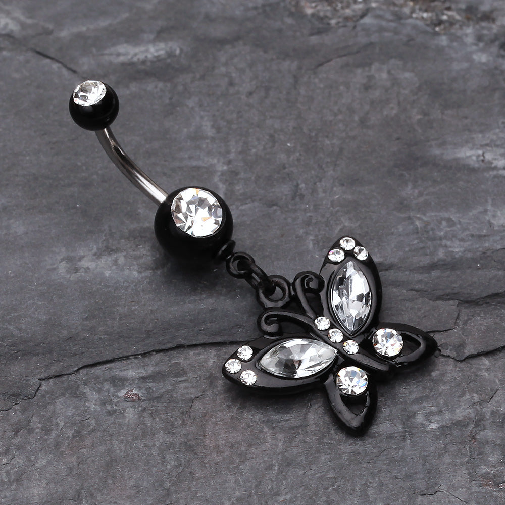 Detail View 2 of Blackline Butterfly Sparkle Belly Ring-Clear Gem
