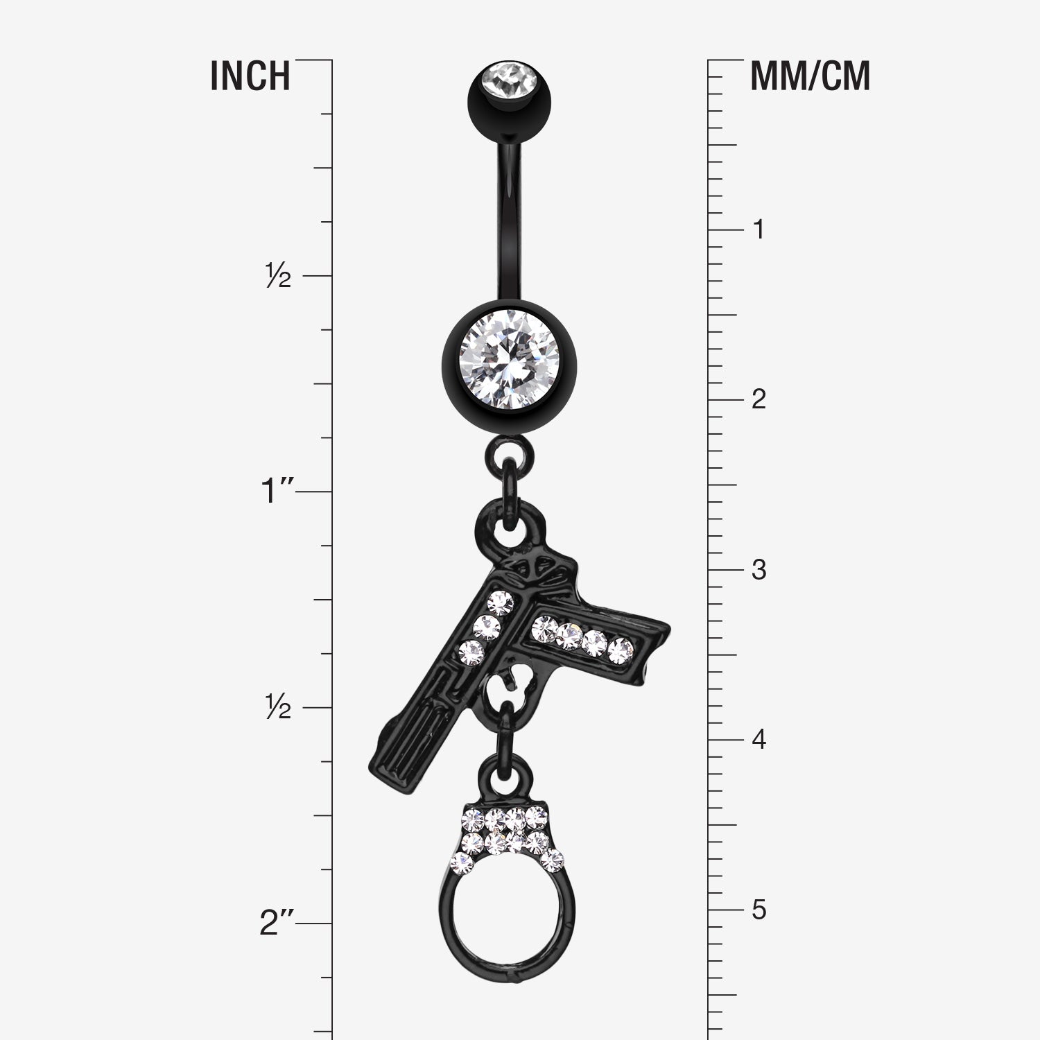 Detail View 1 of Blackline Handgun & Cuff Sparkle Belly Ring-Clear Gem