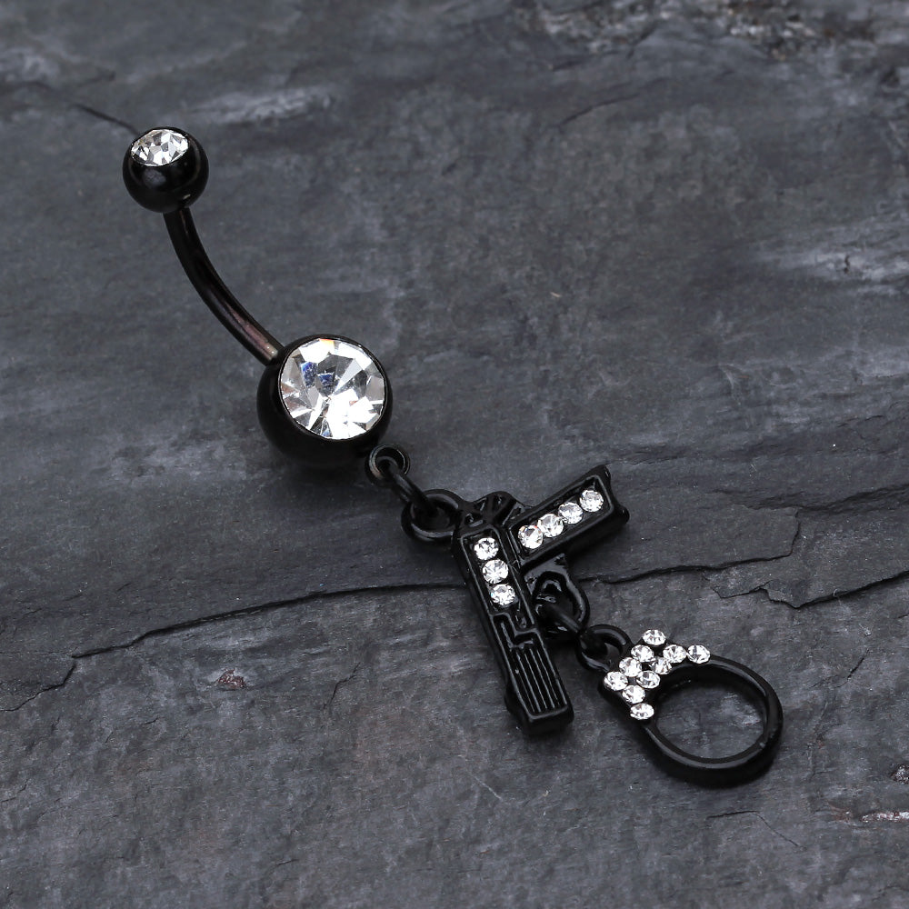 Detail View 2 of Blackline Handgun & Cuff Sparkle Belly Ring-Clear Gem