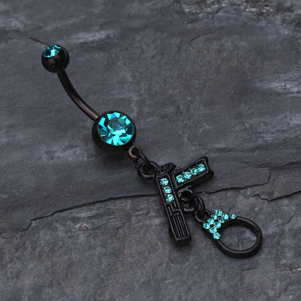 Detail View 2 of Blackline Handgun & Cuff Sparkle Belly Ring-Teal