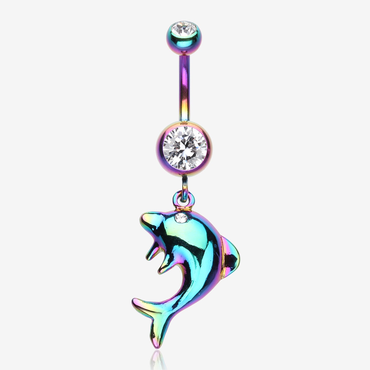 Rainbow Dolphin Jump Belly Button Ring-Clear Gem