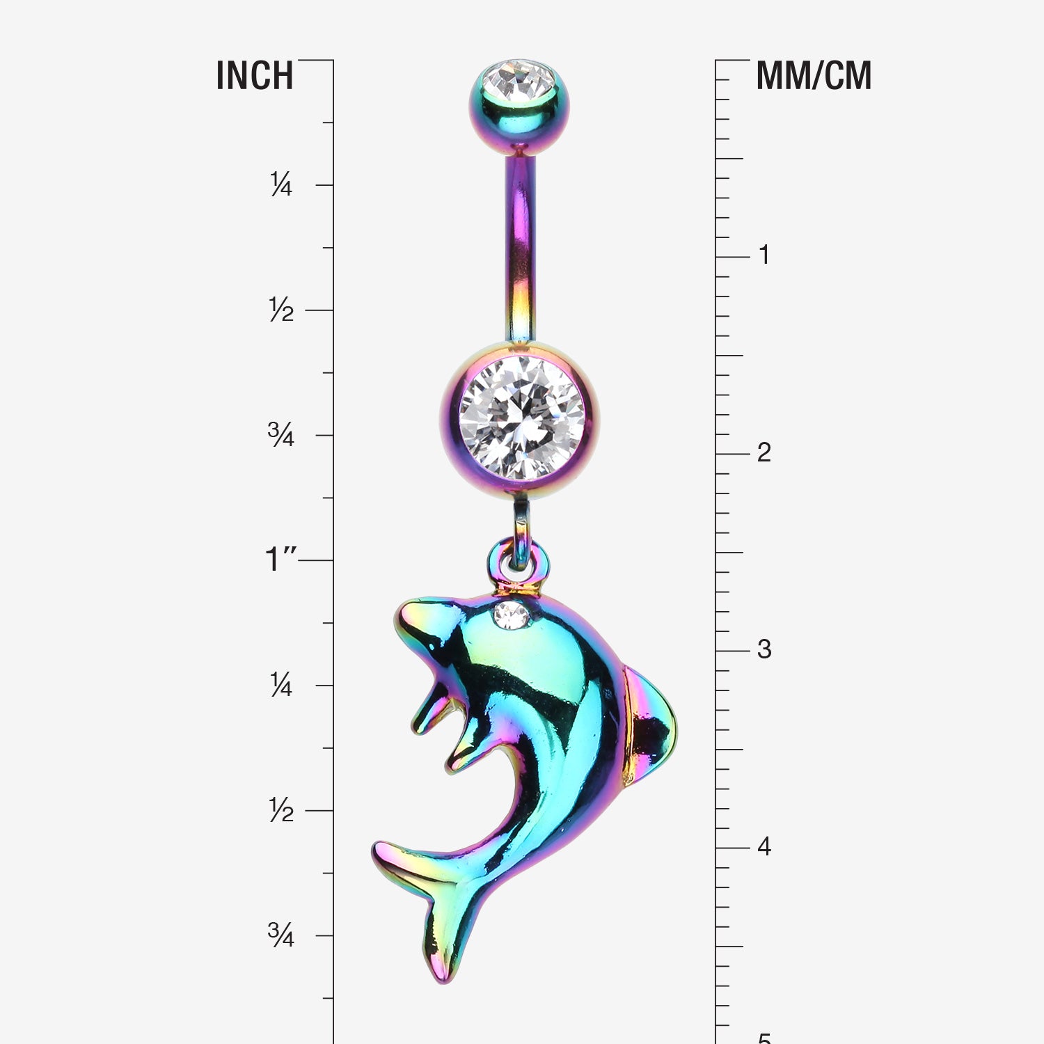Detail View 1 of Rainbow Dolphin Jump Belly Button Ring-Clear Gem