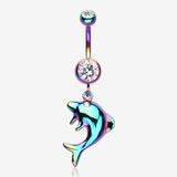 Rainbow Dolphin Jump Belly Button Ring-Clear Gem