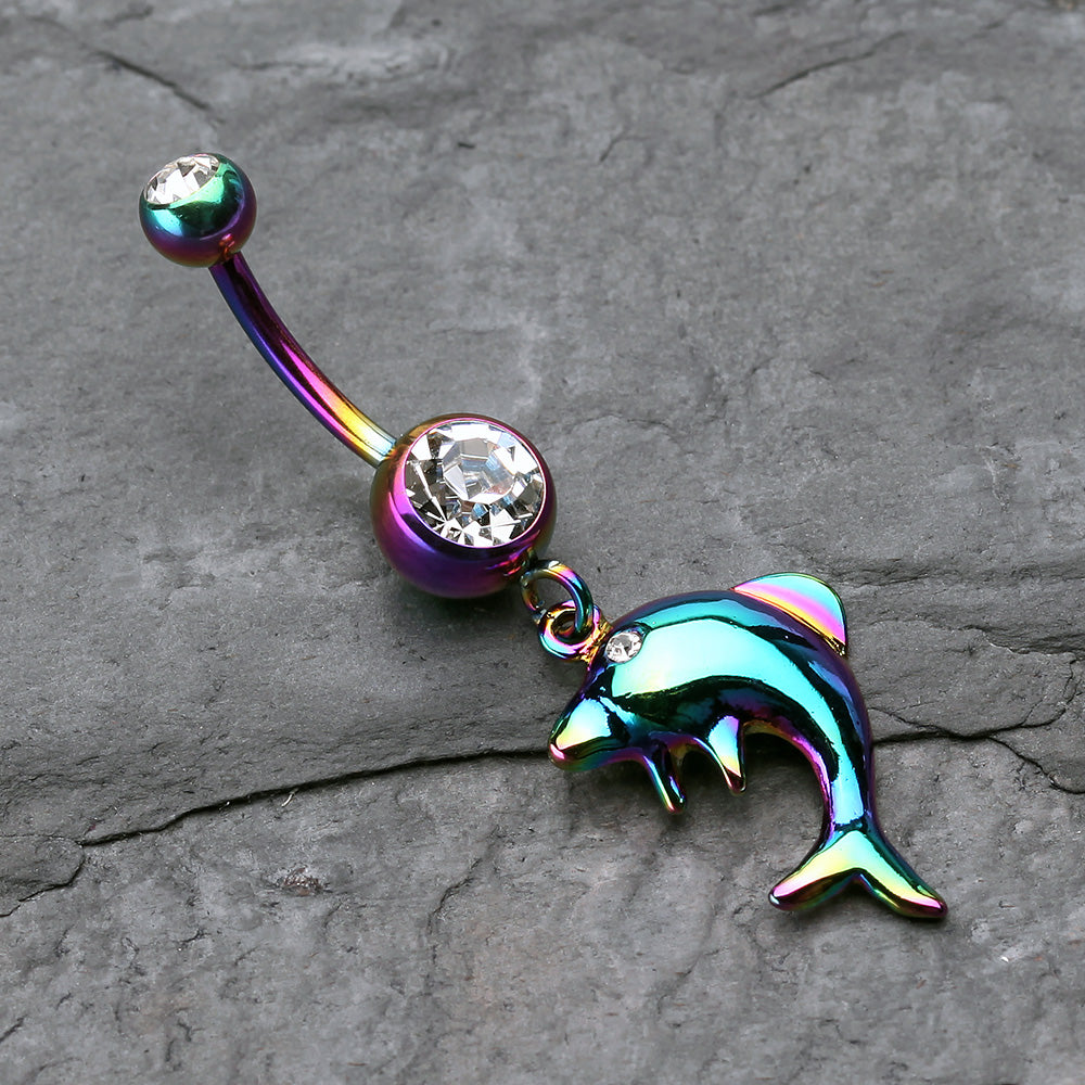 Detail View 2 of Rainbow Dolphin Jump Belly Button Ring-Clear Gem