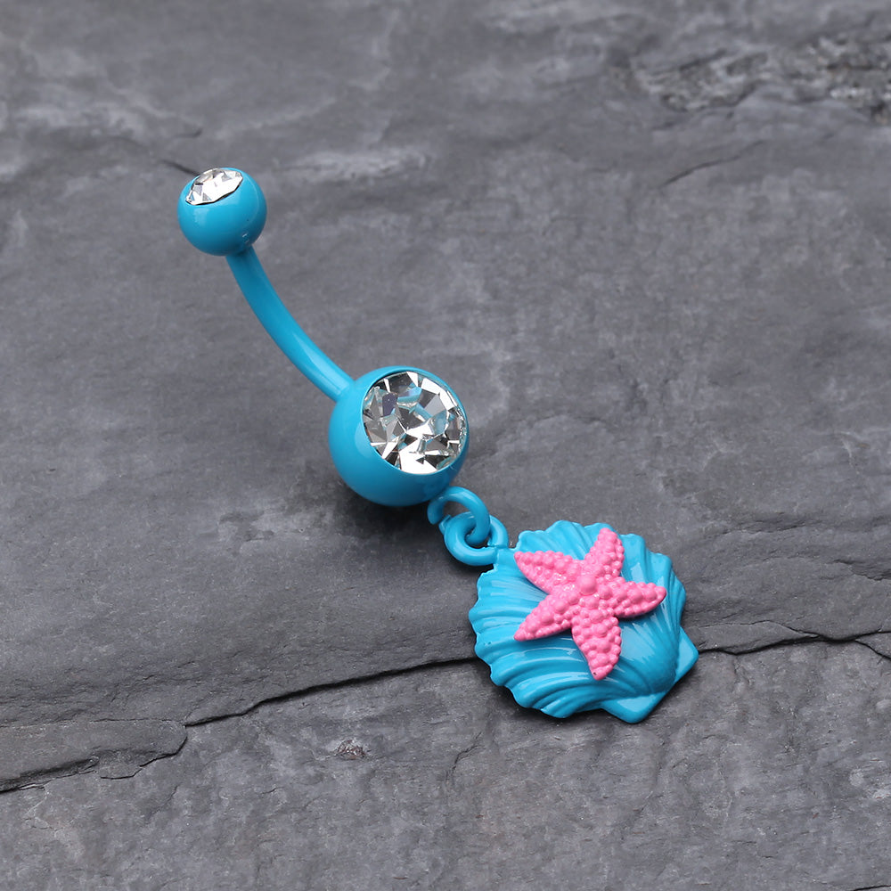 Detail View 2 of Ariel's Starfish Shell Belly Button Ring-Teal/Clear/Pink