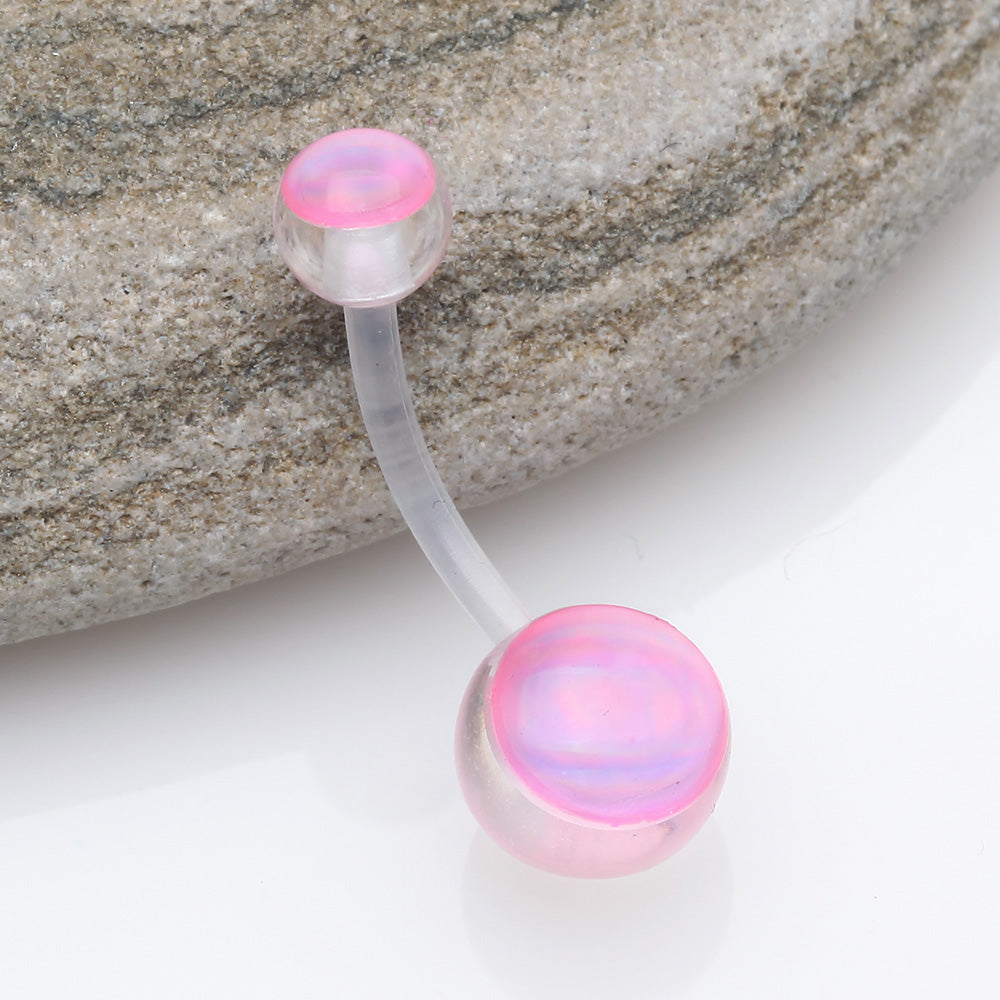 Detail View 2 of Holographic Acrylic Ball Bio Flexible Shaft Belly Button Ring-Pink