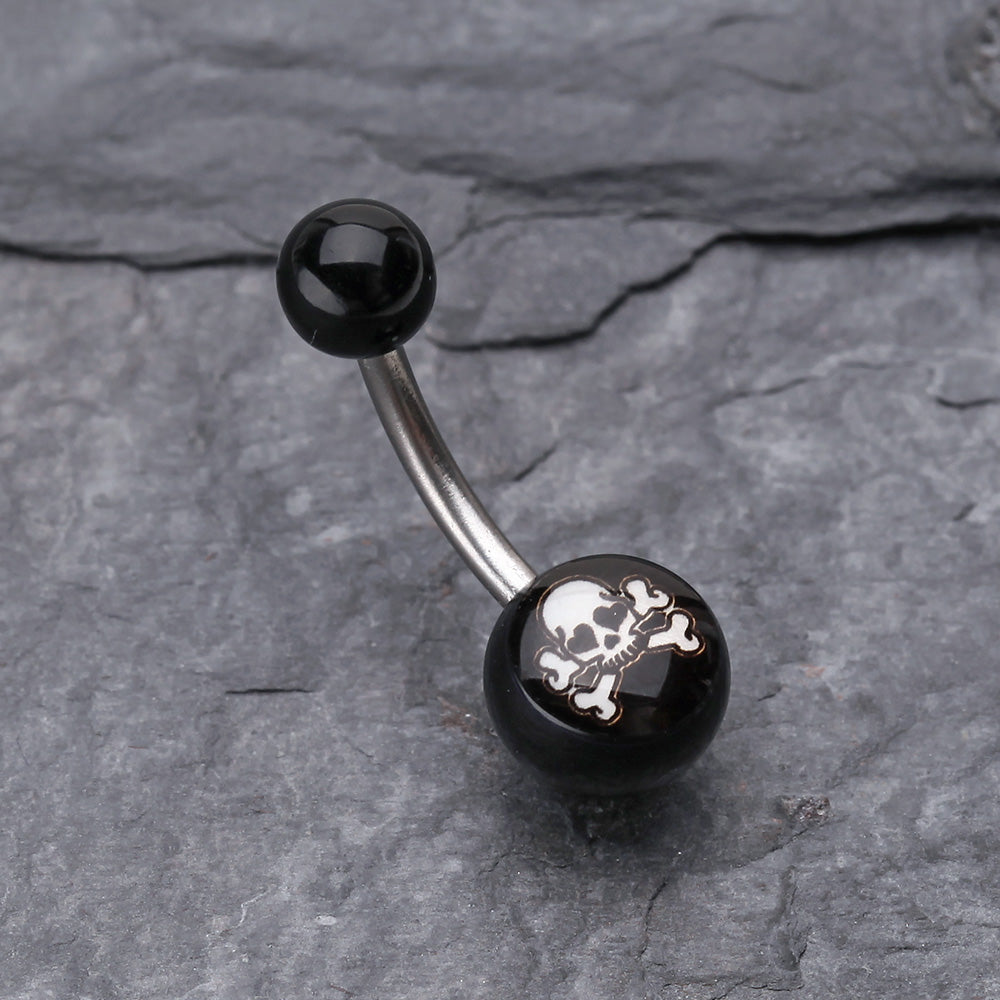 Detail View 2 of Pirate Skull Acrylic Logo Belly Button Ring-Black