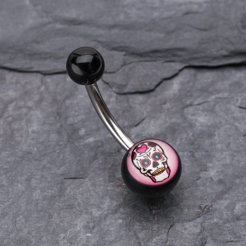 Detail View 2 of Sugar Skull Acrylic Logo Belly Button Ring-Pink/Fuchsia