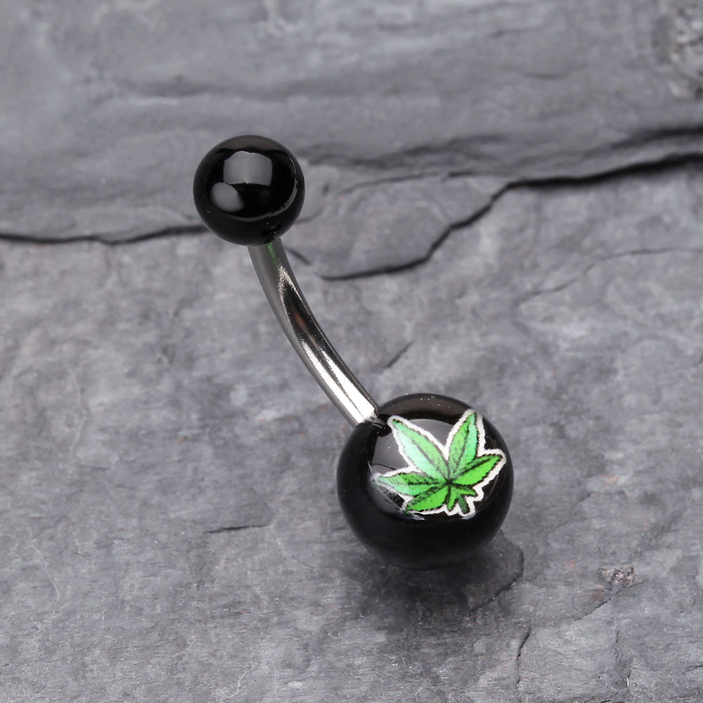 Detail View 2 of Pot Leaf Acrylic Logo Belly Button Ring-Green