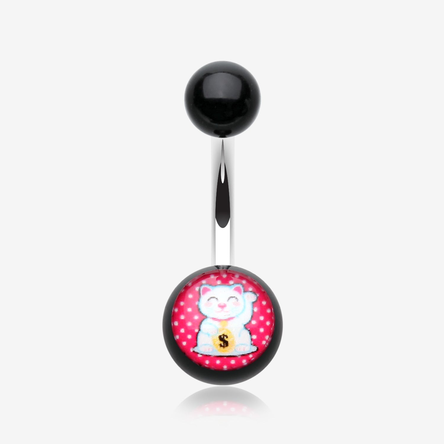 Maneki-Neko Lucky Cat Acrylic Logo Belly Button Ring-Red