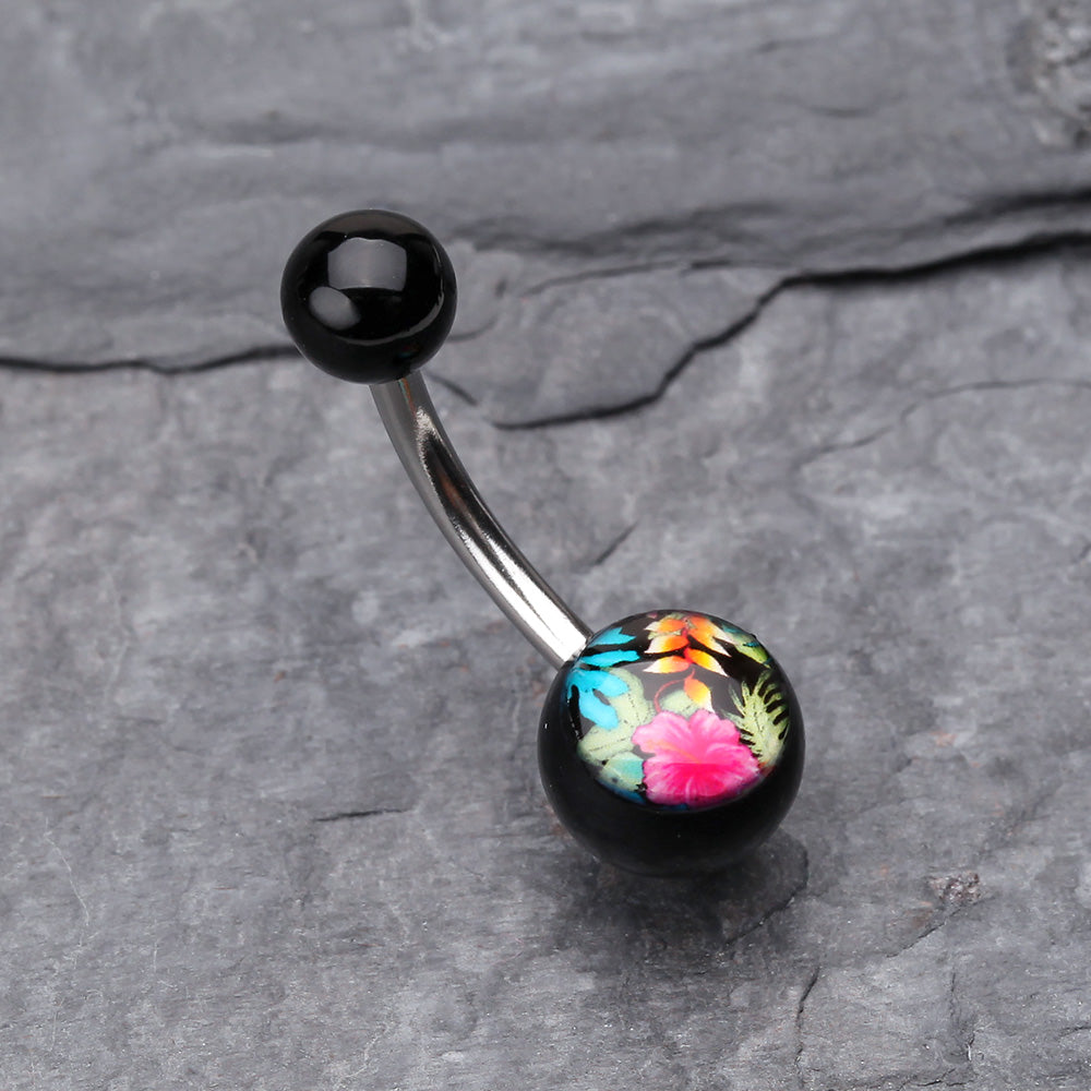 Detail View 2 of Hawaiian Luau Flower Acrylic Logo Belly Button Ring-Black
