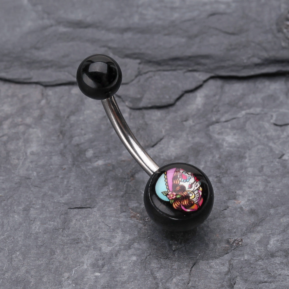 Detail View 2 of Day of the Dead Lady Acrylic Logo Belly Button Ring-Black