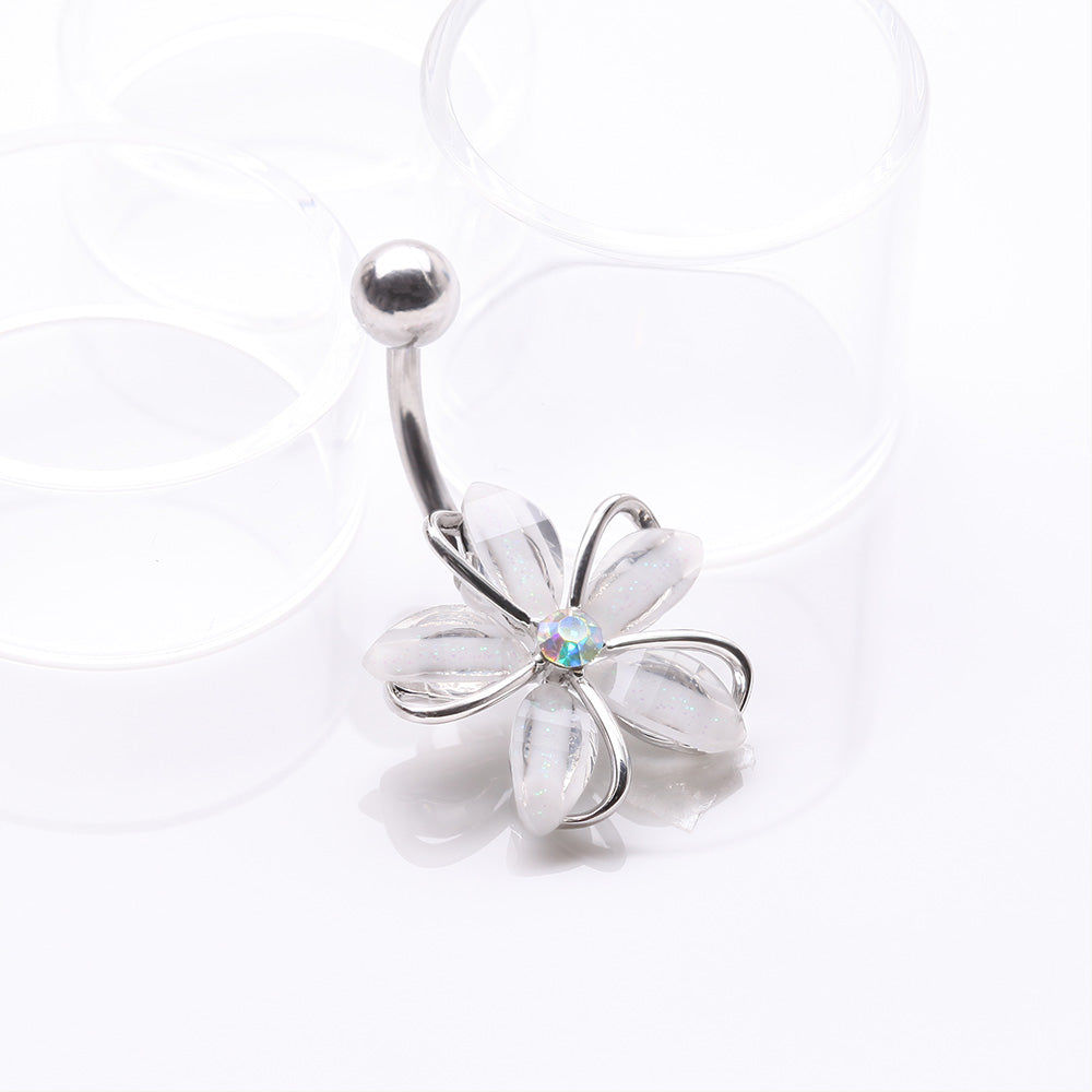 Detail View 2 of Sparkle Frosted Flower Shimmer Belly Button Ring-Clear Gem