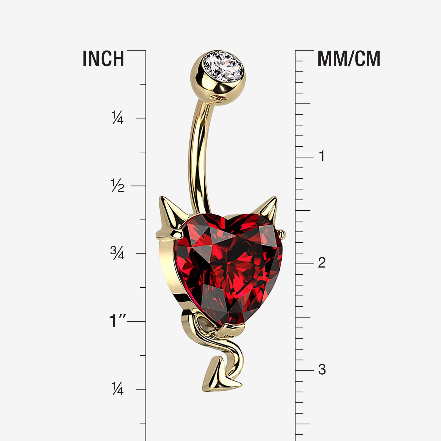Detail View 1 of Golden Devilish Sparkle Heart Belly Button Ring-Red