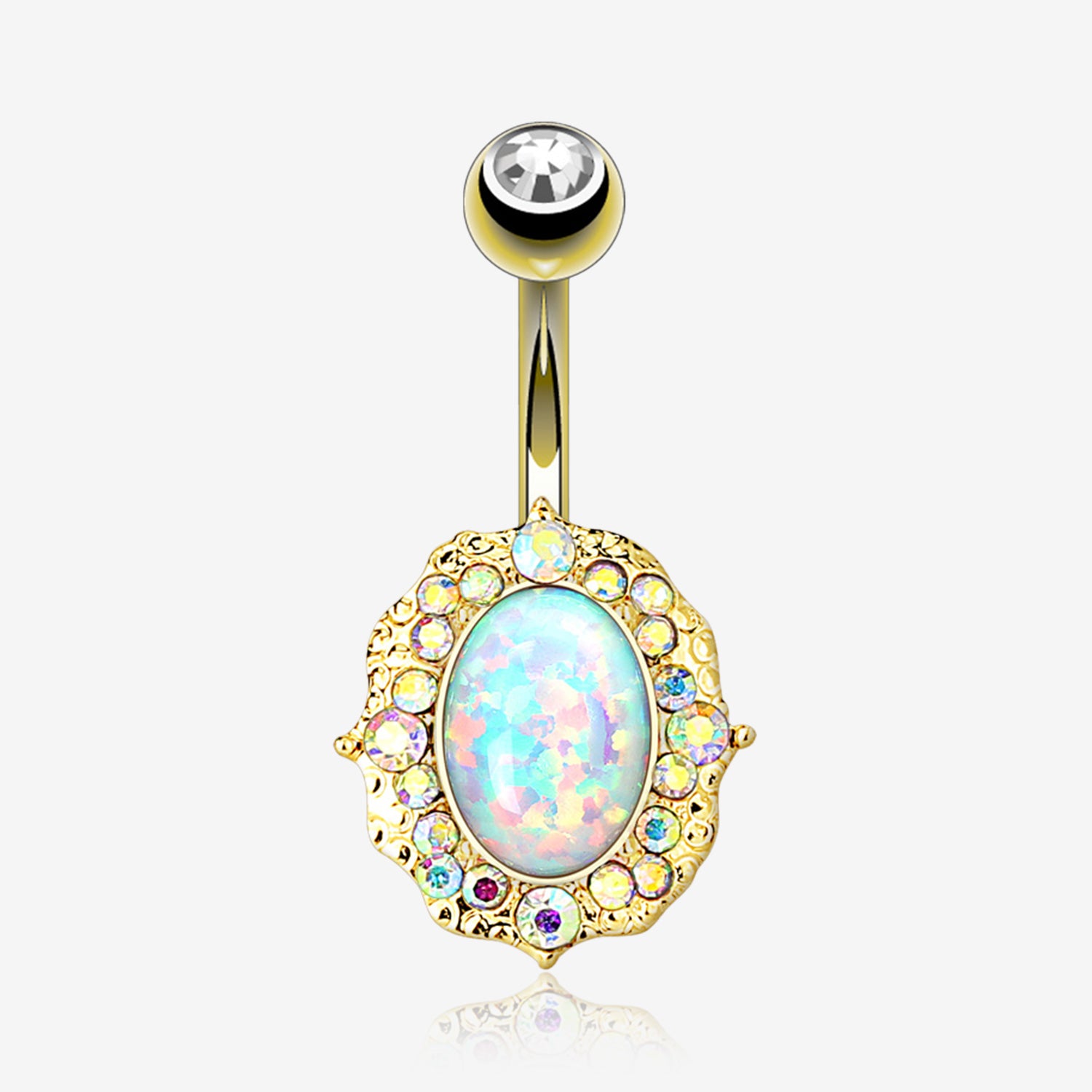 Golden Victorian Fire Opal Florid Sparkle Belly Button Ring-White Opal/Aurora Borealis