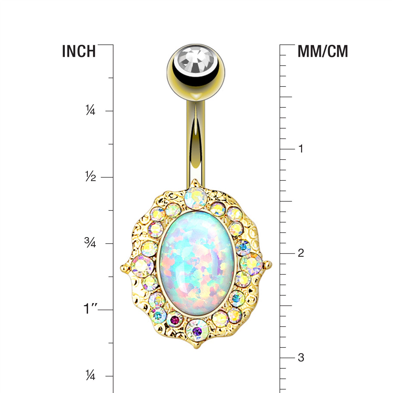 Detail View 1 of Golden Victorian Fire Opal Florid Sparkle Belly Button Ring-White Opal/Aurora Borealis