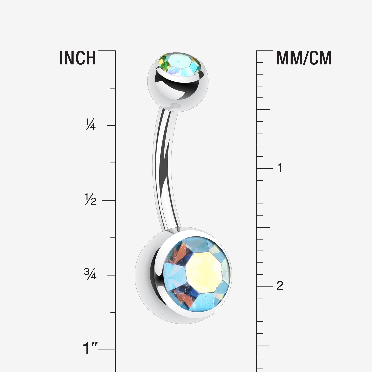 Detail View 1 of Double Gem Ball Steel Belly Button Ring-Aqua/Aurora Borealis