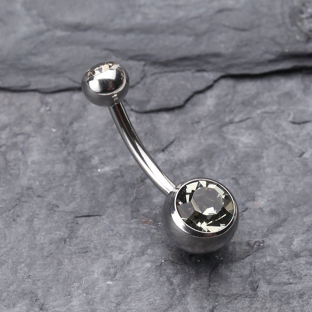 Detail View 2 of Double Gem Ball Steel Belly Button Ring-Black Diamond