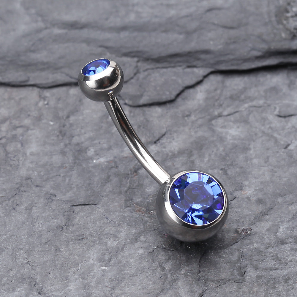 Detail View 2 of Double Gem Ball Steel Belly Button Ring-Blue