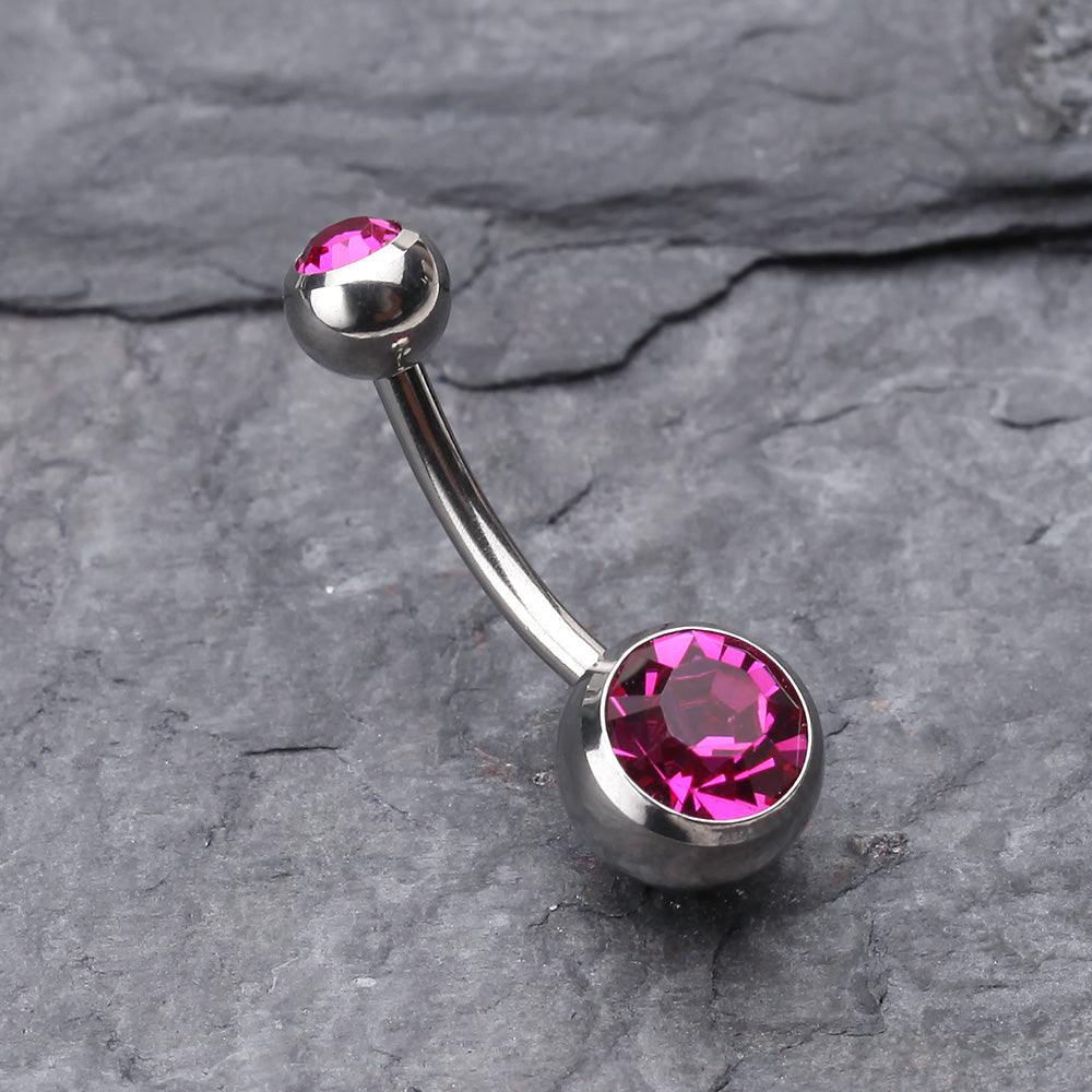 Detail View 2 of Double Gem Ball Steel Belly Button Ring-Fuchsia