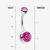 Detail View 1 of Double Gem Ball Steel Belly Button Ring-Fuchsia