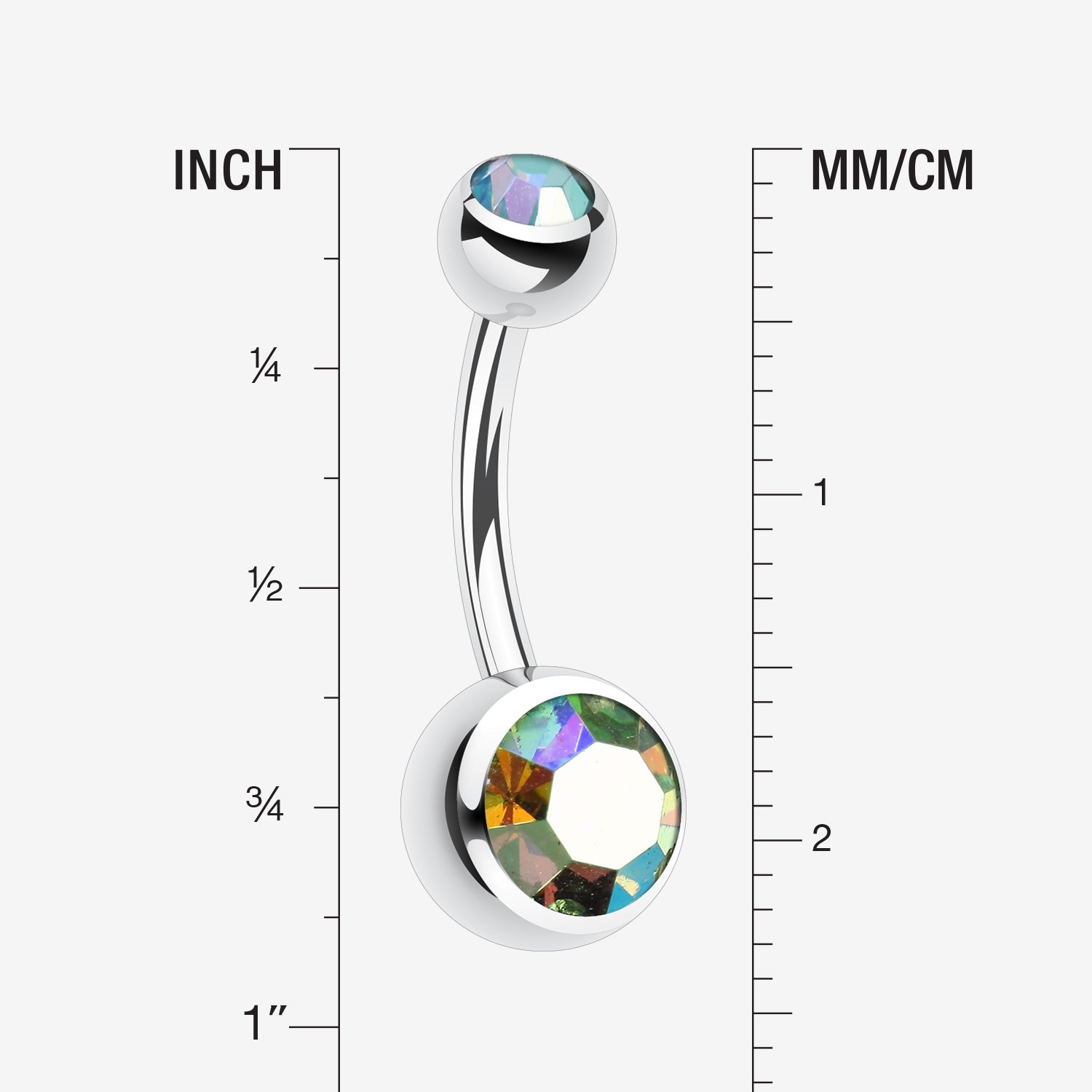 Detail View 1 of Double Gem Ball Steel Belly Button Ring-Light Green/Aurora Borealis