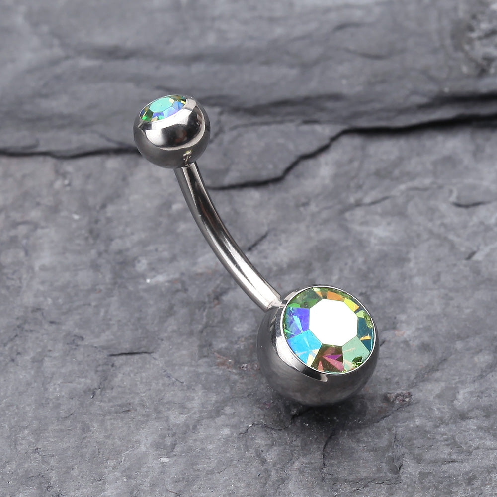 Detail View 2 of Double Gem Ball Steel Belly Button Ring-Light Green/Aurora Borealis