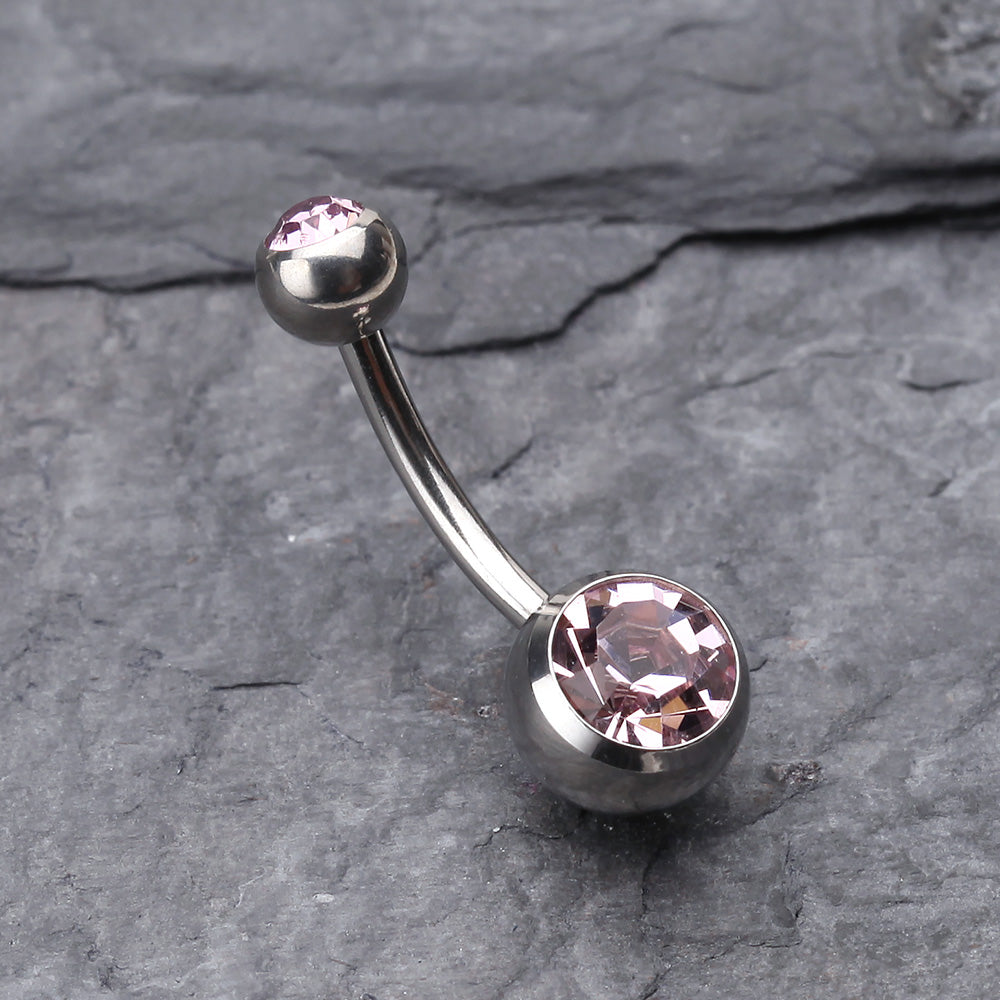 Detail View 2 of Double Gem Ball Steel Belly Button Ring-Light Purple